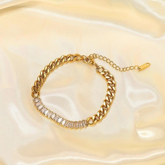 Waterproof Tennis Baguette Bracelet*Cubic Zirconia Diamond18K Gold Link Chain*JD - Picture 3 of 7